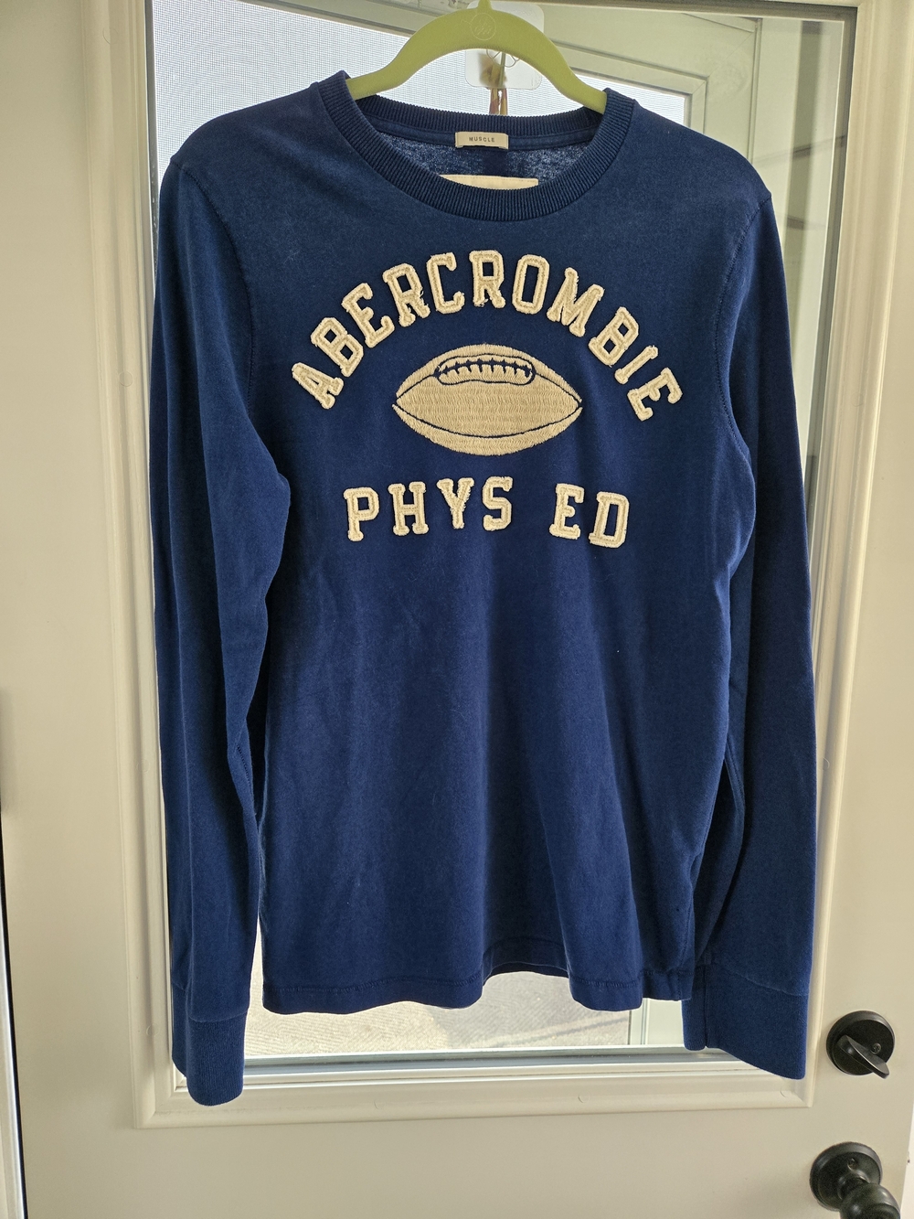 Vintage Y2K Abercrombie & Fitch Navy Crewneck Cream Chenille Lettering Men's L